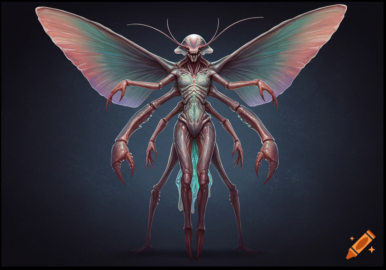 Illustration of a monstrous alien insect creature with wings and ...