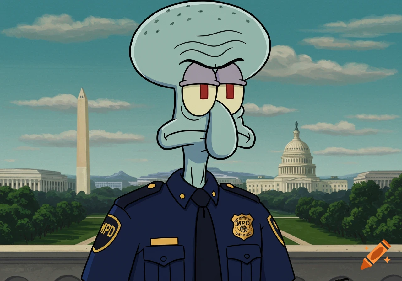 Cartoon of Squidward Tentacles in a police uniform standing in front of the Washington DC skyline with the Capitol building and Washington Monument.