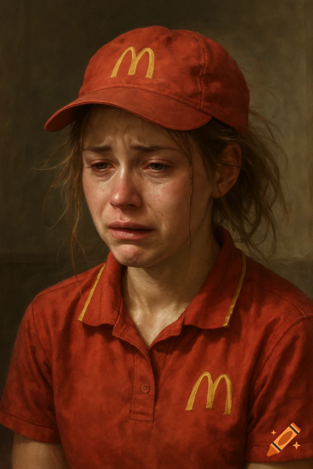 Realistic portrait of a young woman in a red and yellow uniform crying with tears streaming down her face.