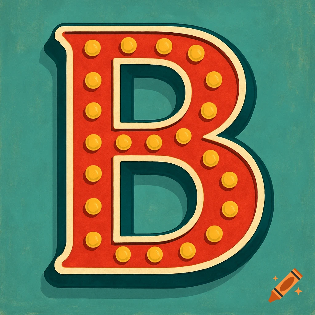 A vintage marquee-style capital letter B with lights on a teal background.
