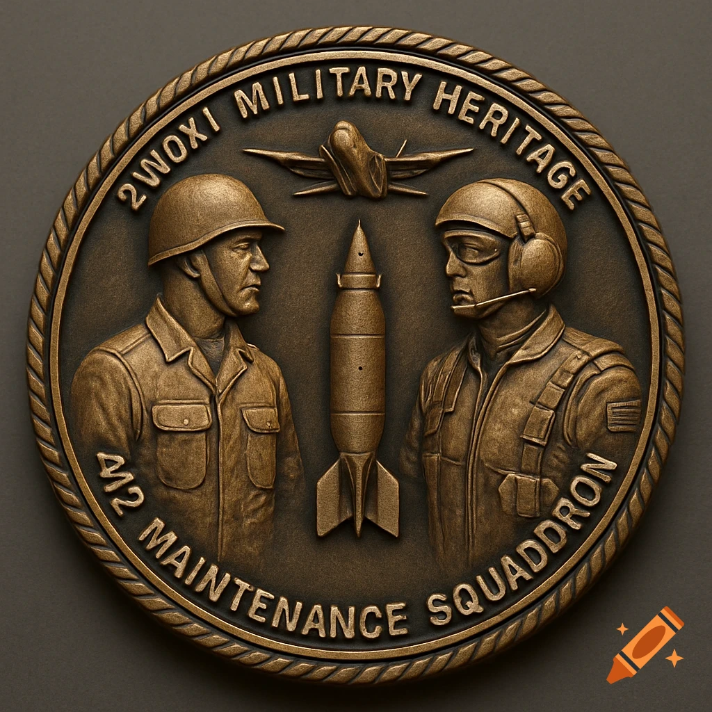 Bronze military challenge coin relief with two soldiers, a bomb, and an airplane.