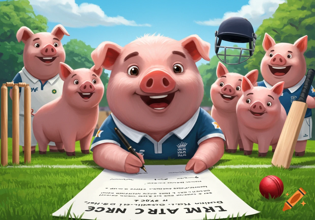 Cartoon pigs play cricket, with one pig signing a document on the field.