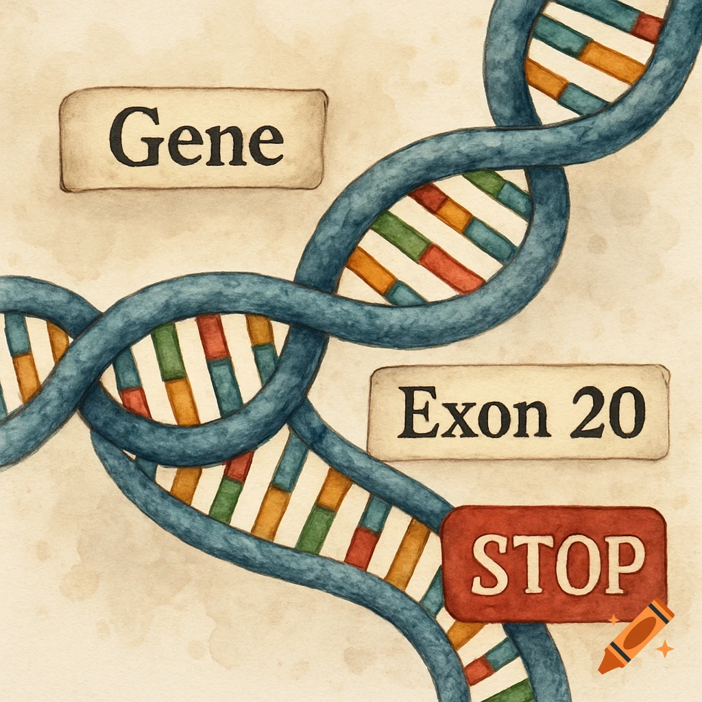 Watercolor illustration of a DNA double helix with labels Gene, Exon 20, and STOP.