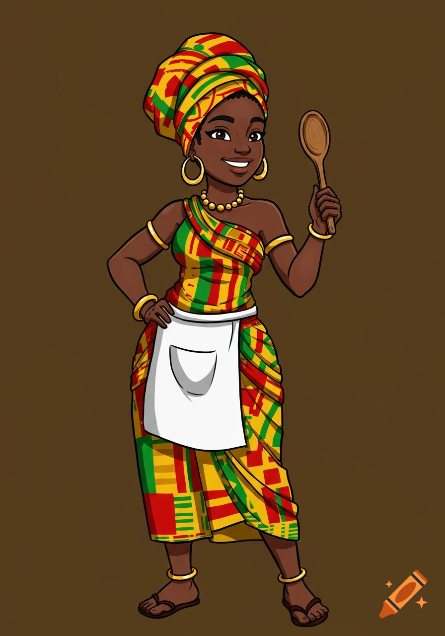 Cartoon of a Ghanaian female chef in kente dress holding a wooden spoon.