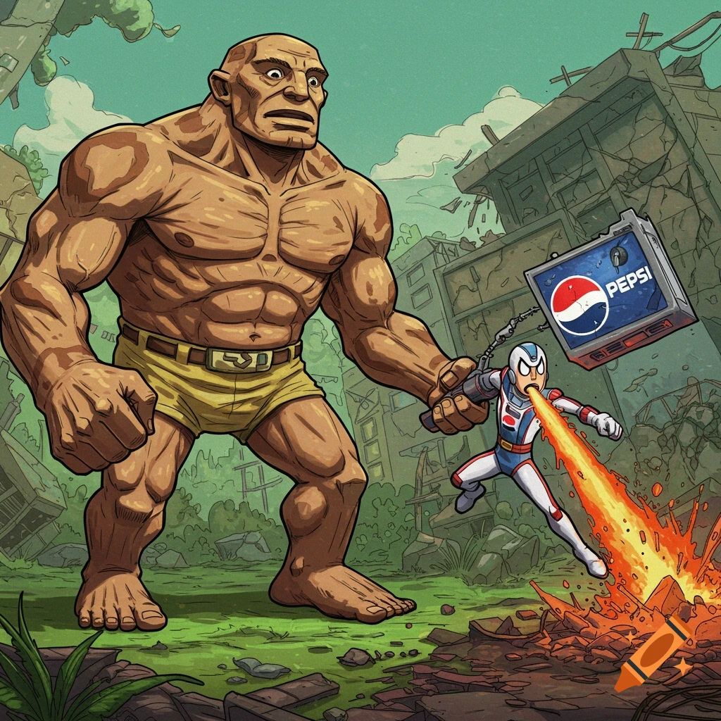 A large muscular figure faces a smaller superhero character firing flames from their mouth while swinging a Pepsi sign like a weapon, in a destroyed city, comic book style.