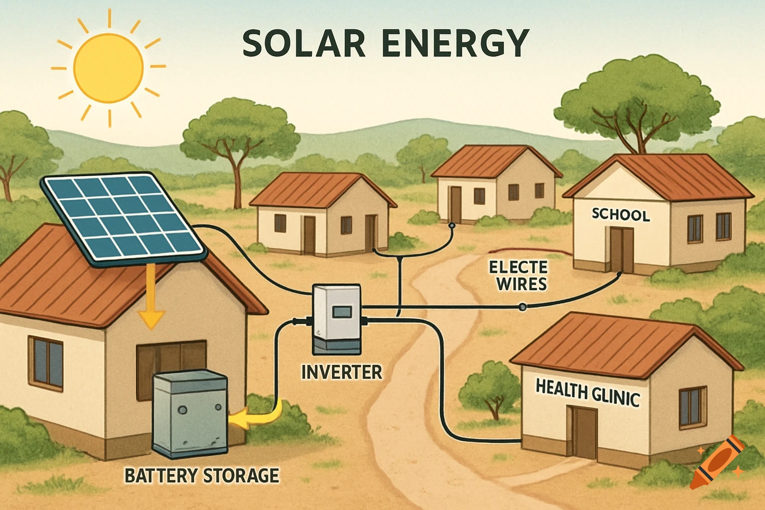 Illustrated diagram of solar energy system powering buildings in a rural village.