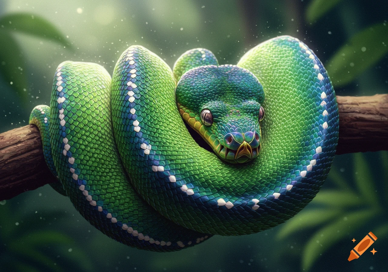 A vibrant green snake with iridescent blue and white scales coiled tightly around a branch in a jungle setting.