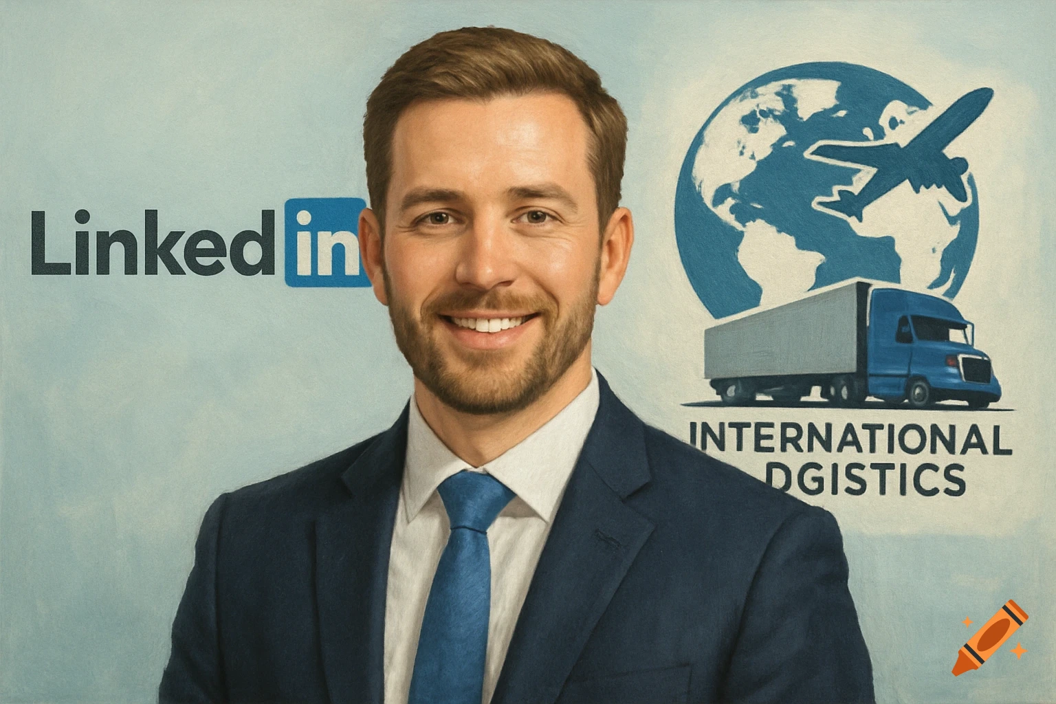 Portrait of a smiling man in a suit with LinkedIn and logistics logos in the background.