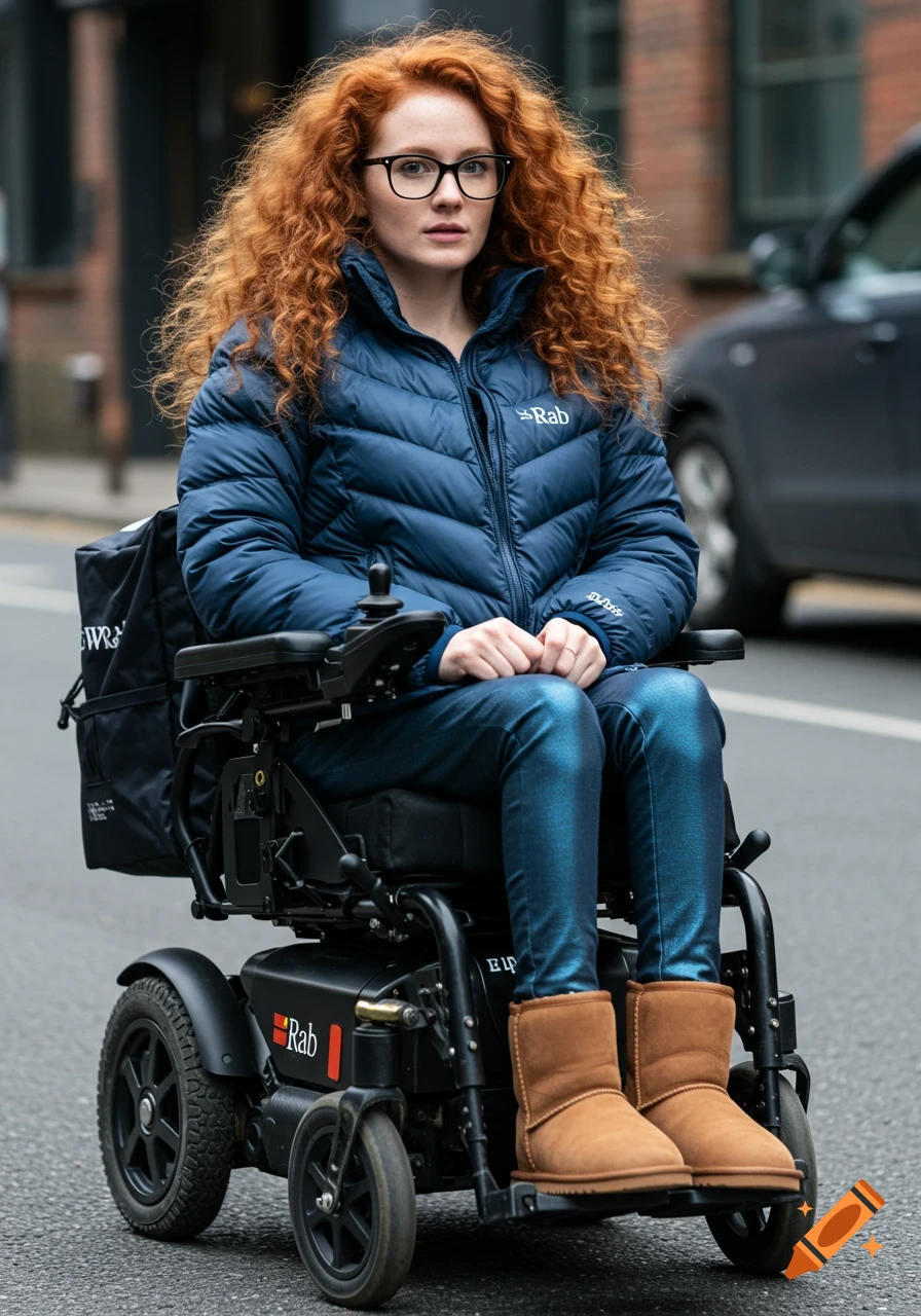 Woman with curly red hair in glasses, blue puffer jacket, and shiny leggings sitting in a powered wheelchair.