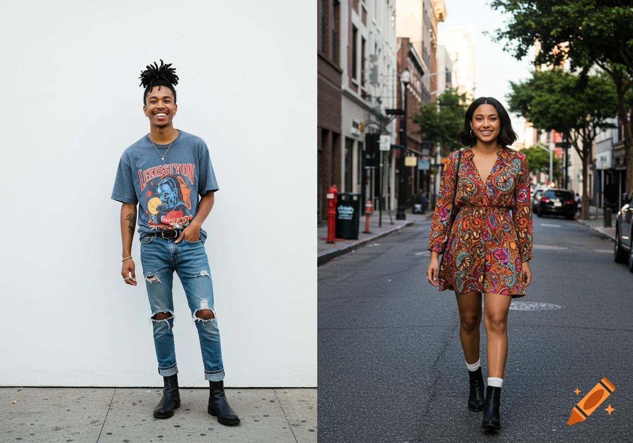 Man poses against a white wall in ripped jeans and graphic tee, woman walks on a city street in a colorful dress.