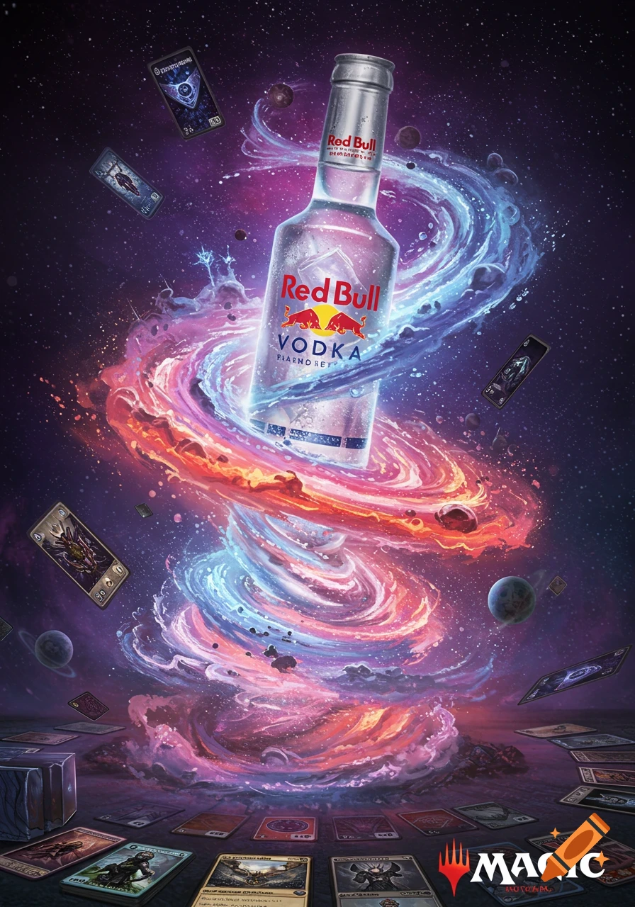 Bottle of Red Bull Vodka floating in space with swirling galaxies and Magic cards.