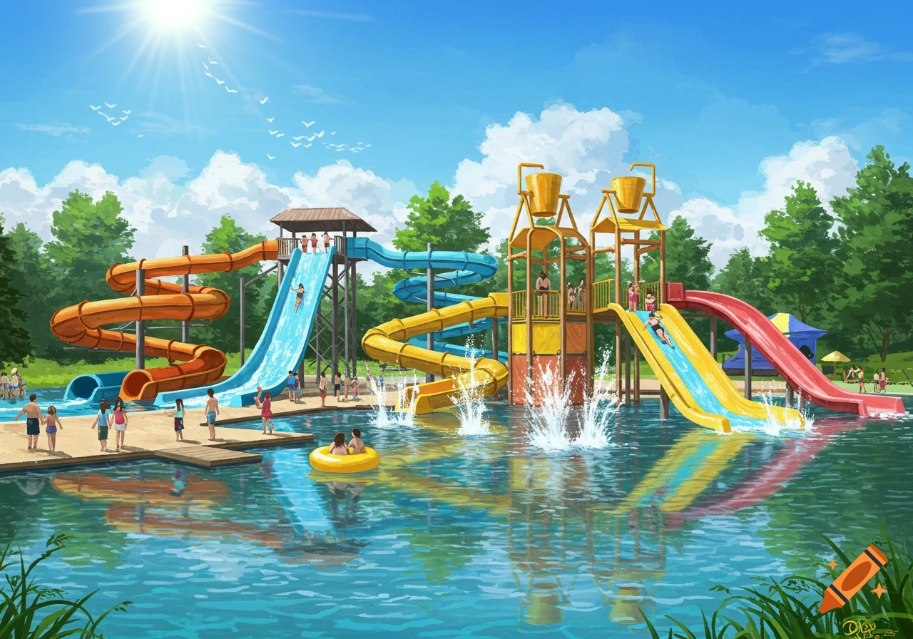 An illustration of a colorful water park built on a lake with multiple slides and people playing.