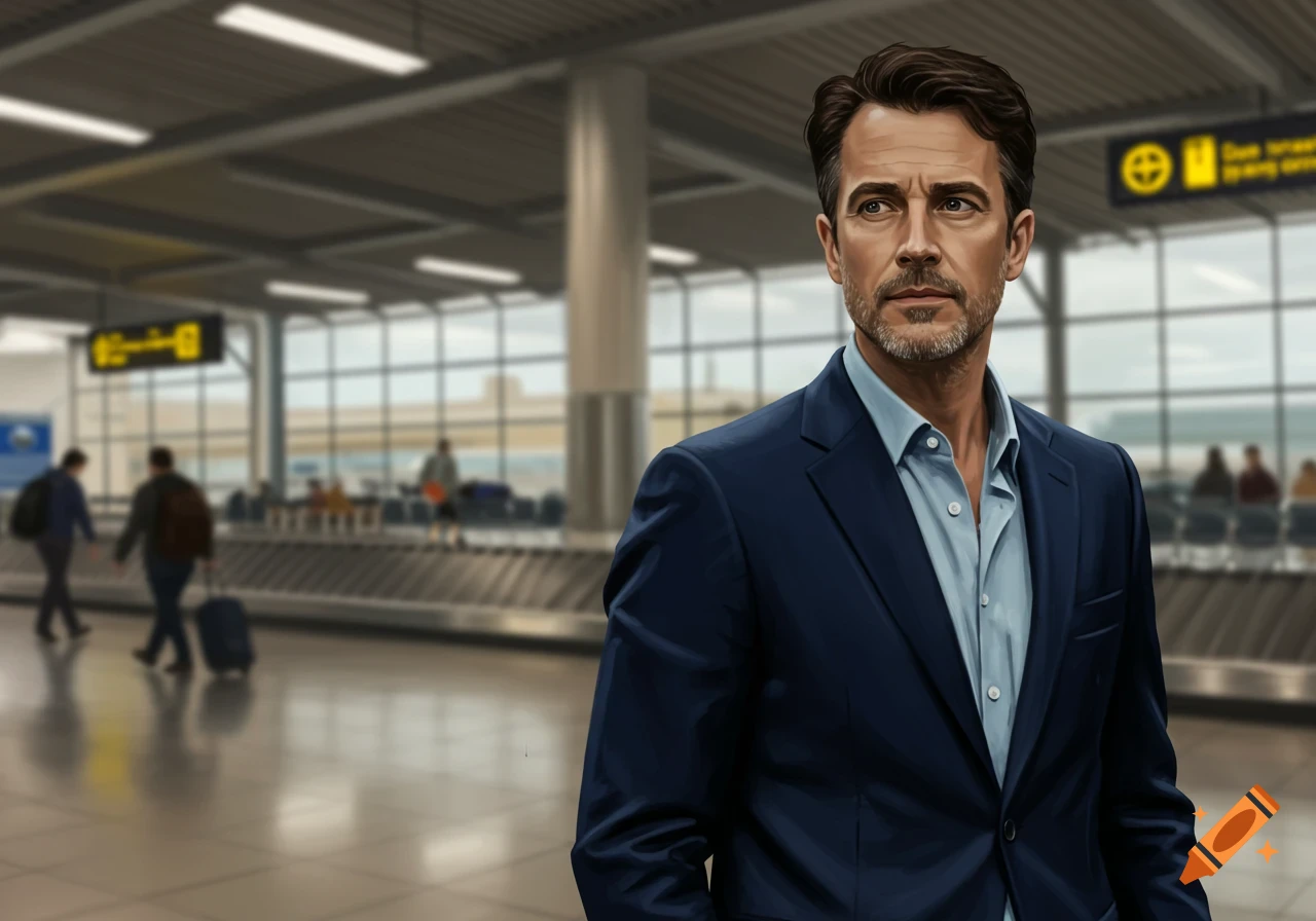 Man in a blue suit standing in an airport.