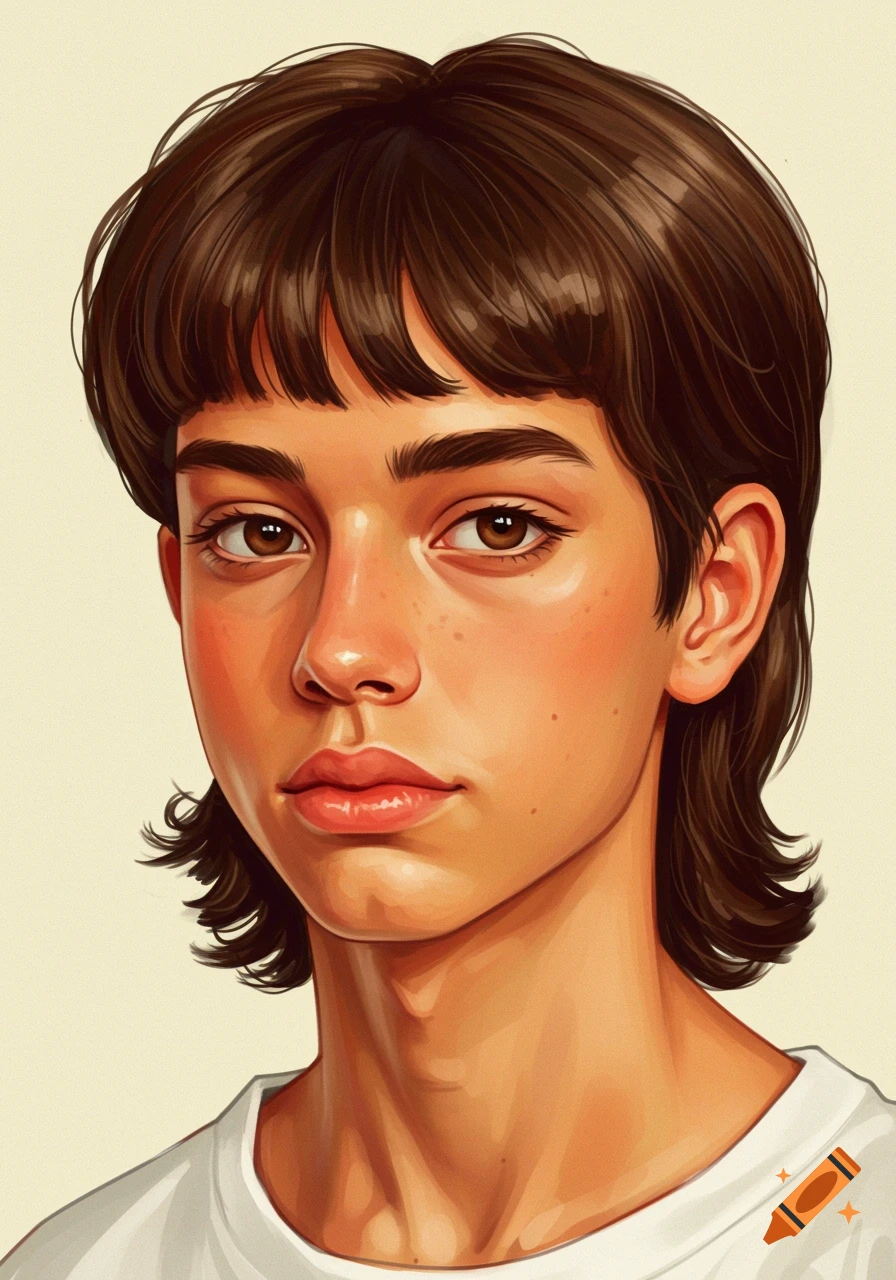 Stylized portrait of a teenager with brown hair and mullet