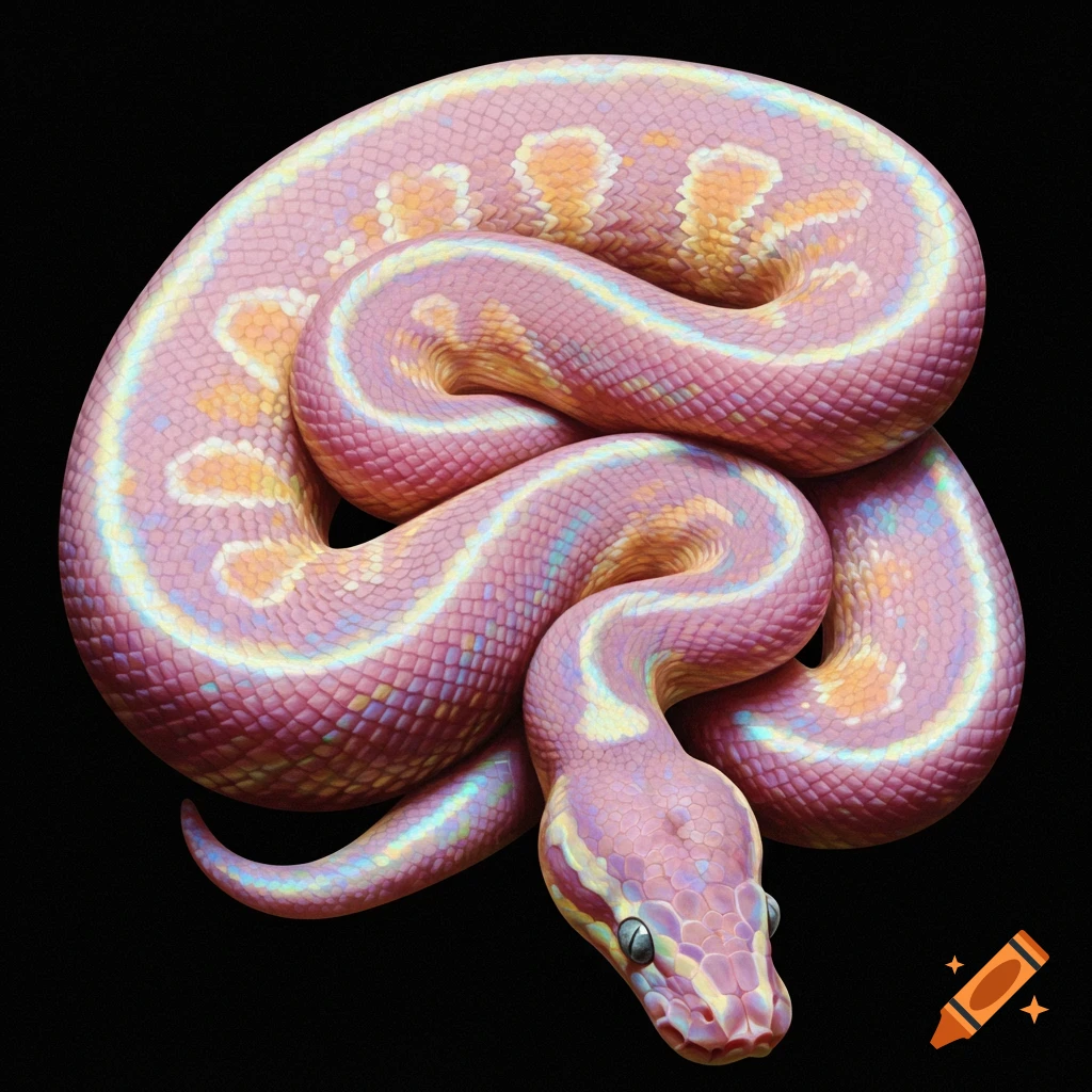 An iridescent pink and yellow python curled on a black background.