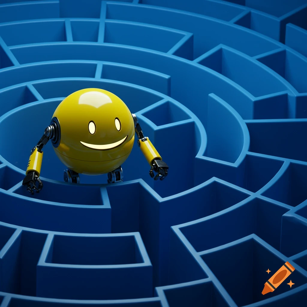A yellow spherical robot with a smiley face navigates a blue maze.