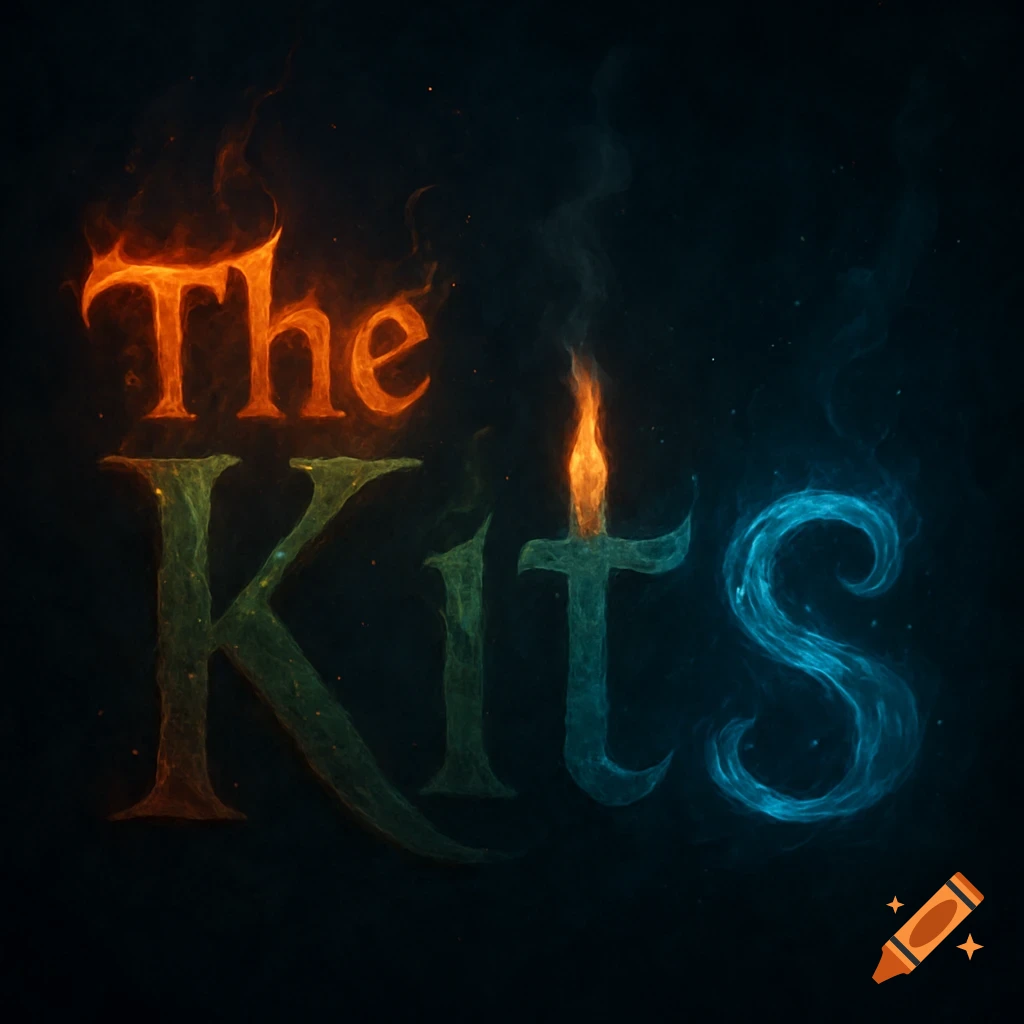 The Kits text rendered with fire, earth, and water/smoke elemental effects on a dark background.
