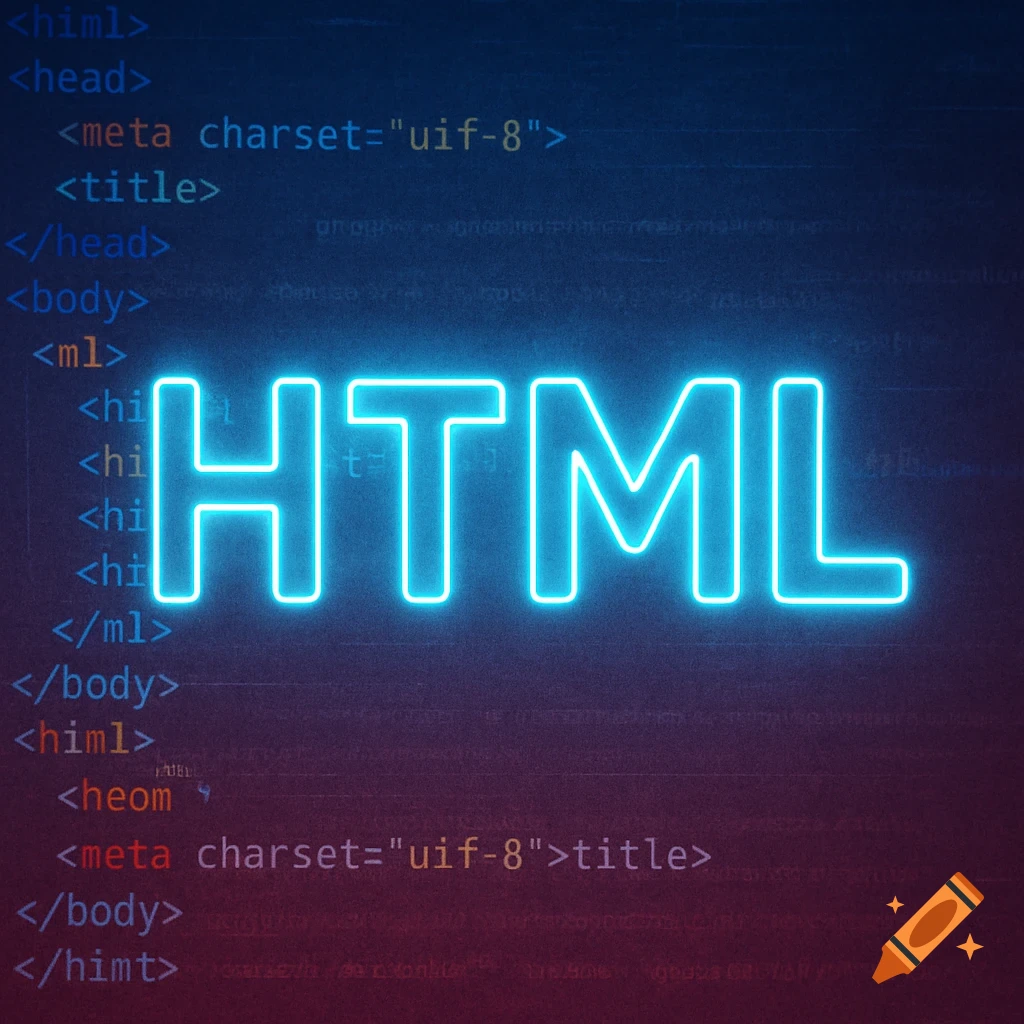 Neon HTML text over computer code background