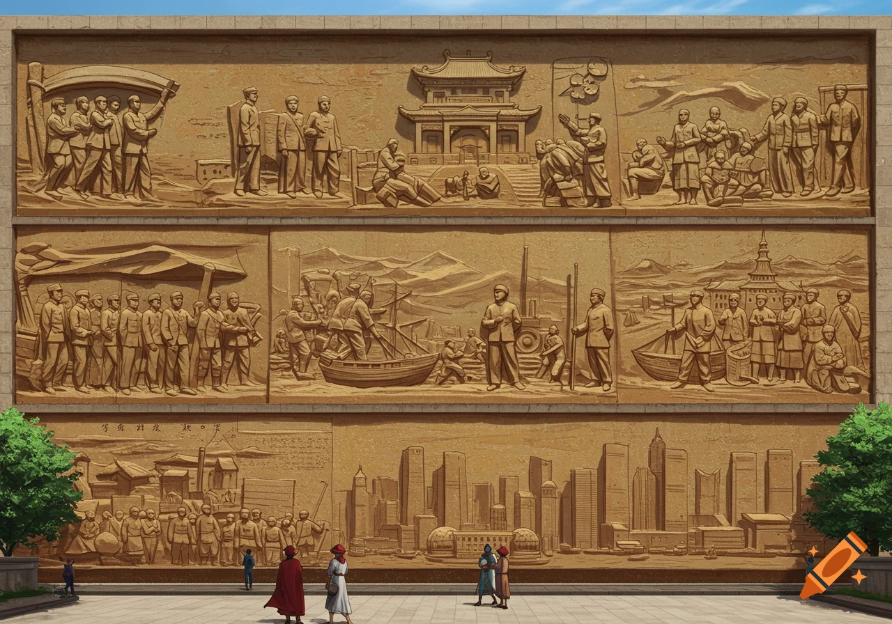 Large relief sculpture on a wall depicting historical scenes with people viewing it.