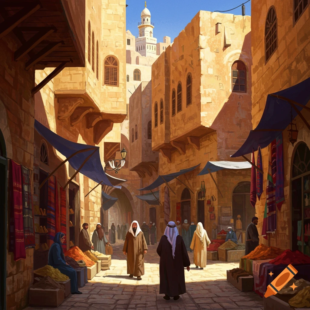 Street scene in a Middle Eastern town with market stalls, people, and traditional buildings, illustration style.