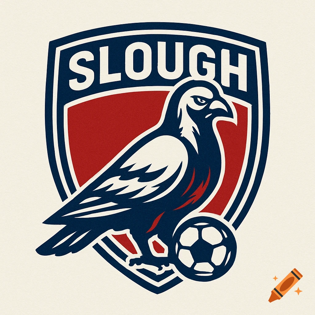 A logo featuring a stylized blue and white pigeon standing next to a soccer ball, with the word SLOUGH above, inside a red and blue shield.