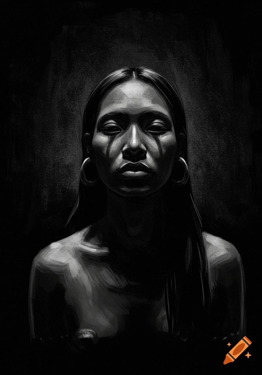 Dark charcoal portrait of a woman with hoop earrings and dramatic lighting.