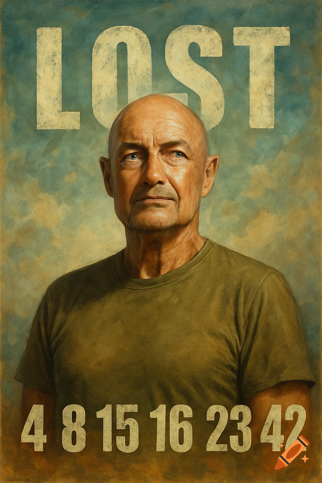 Painted tribute poster for LOST featuring John Locke, the show title, and numbers 4 8 15 16 23 42.