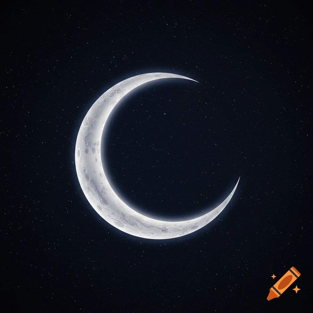 A bright crescent moon is visible against a dark, starry night sky.