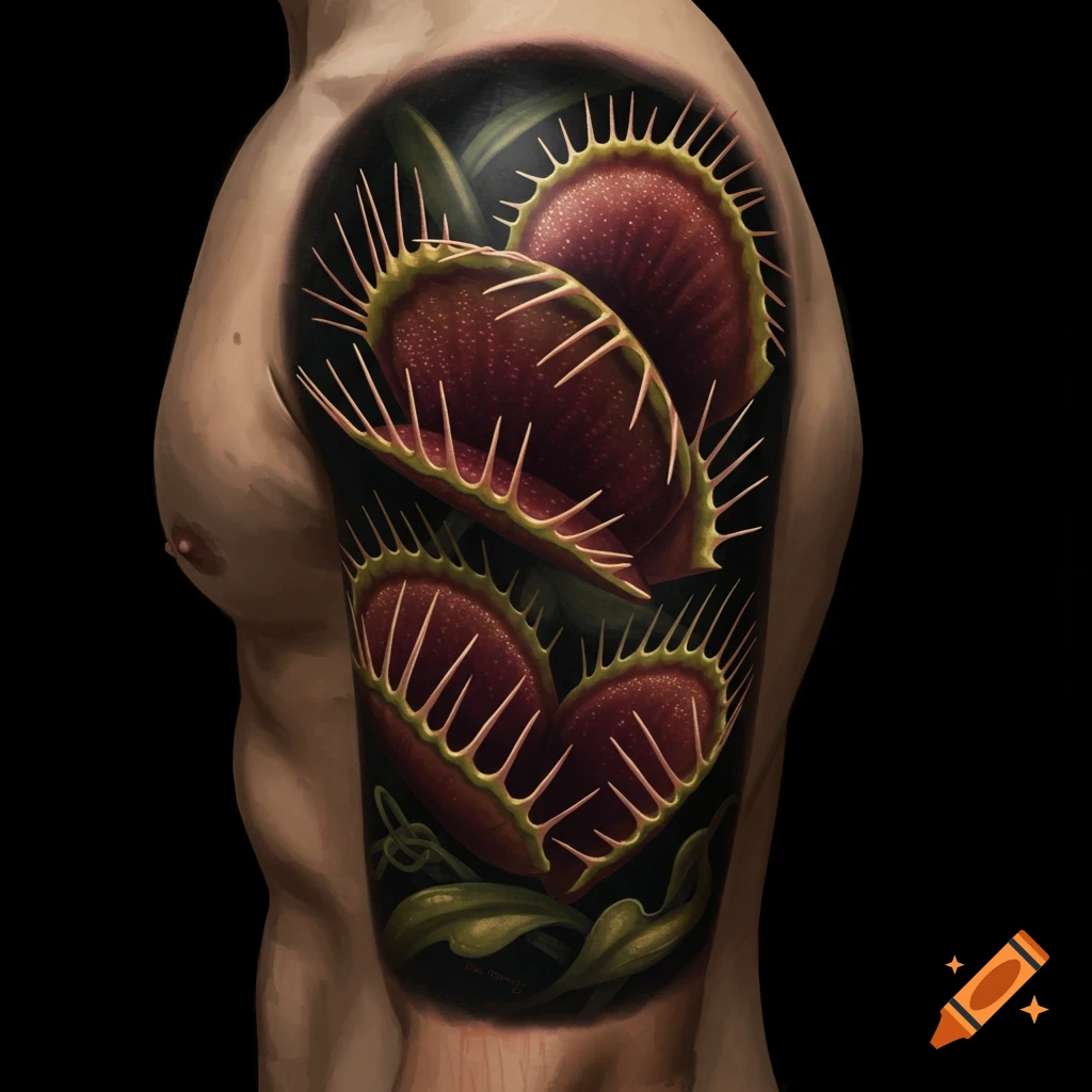 Realistic Venus flytrap tattoo on a person's arm. on Craiyon
