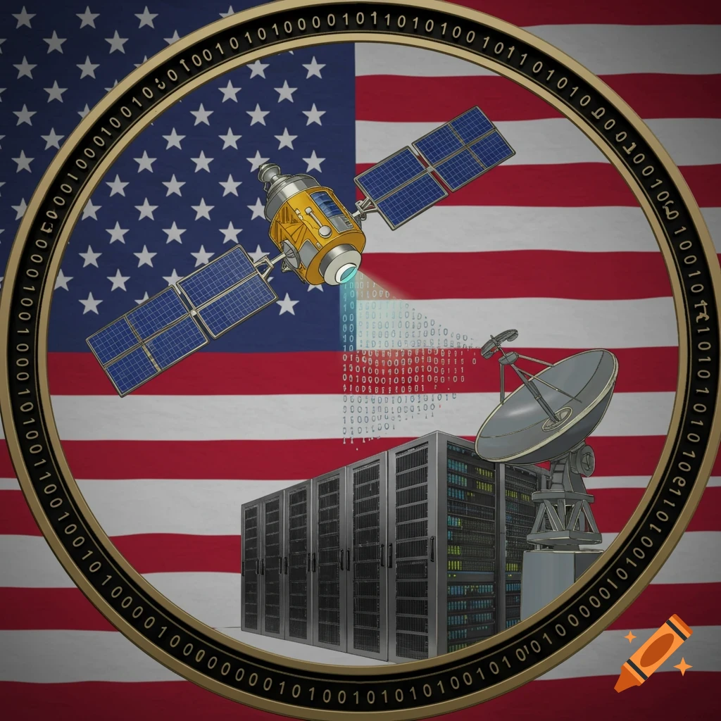 A challenge coin featuring an American flag background, a satellite beaming binary code to a radar dish and data center racks.