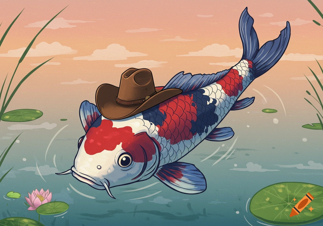 An illustration of a koi fish wearing a cowboy hat in a pond.