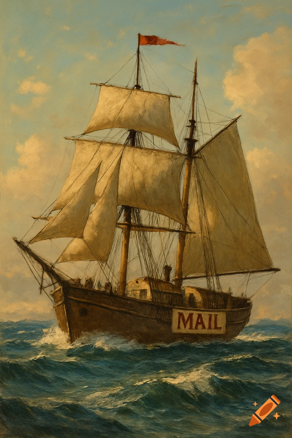 An old sailing ship with 'MAIL' written on the side, sailing on rough seas under a cloudy sky, painted in a classical style.