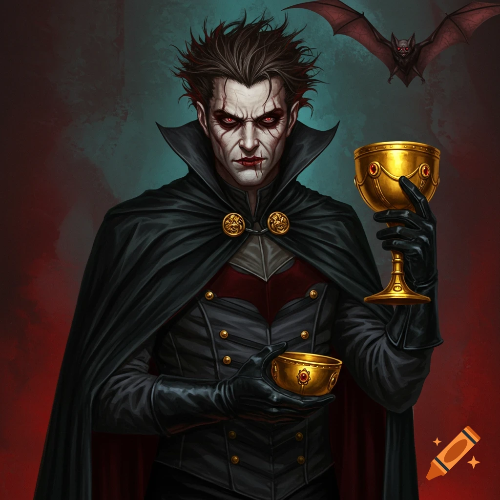 Vampire villain in black cape and gloves holds golden goblets, bat flies nearby. Digital painting.