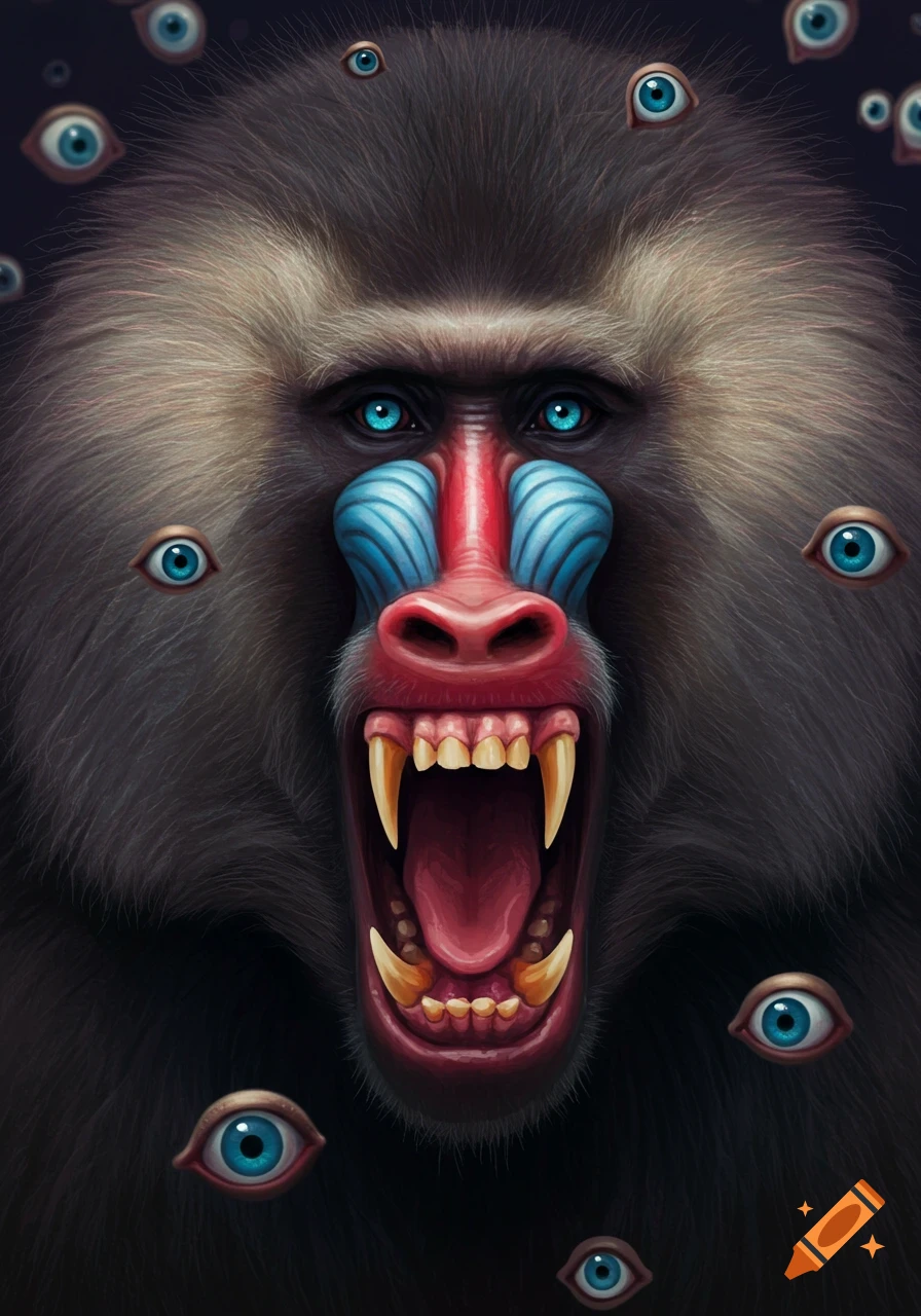 A close-up illustration of a scary baboon with sharp teeth and bright ...