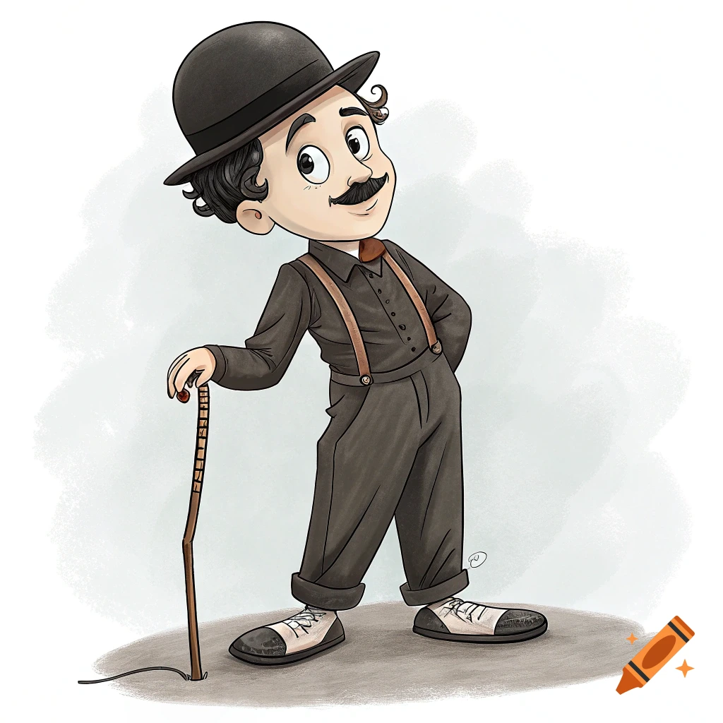 Cartoon of a character resembling Charlie Chaplin holding a cane.