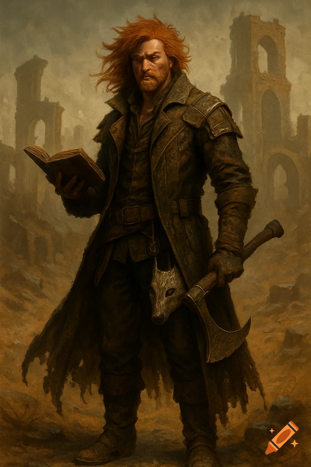A man with red hair and a long coat stands in ruins, holding a book and ...
