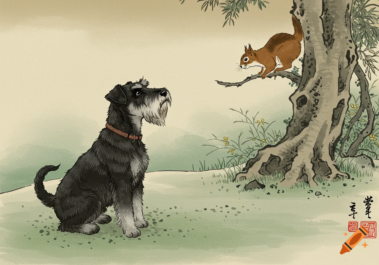 A black schnauzer looks up at a squirrel on a tree branch in a Japanese painting style.
