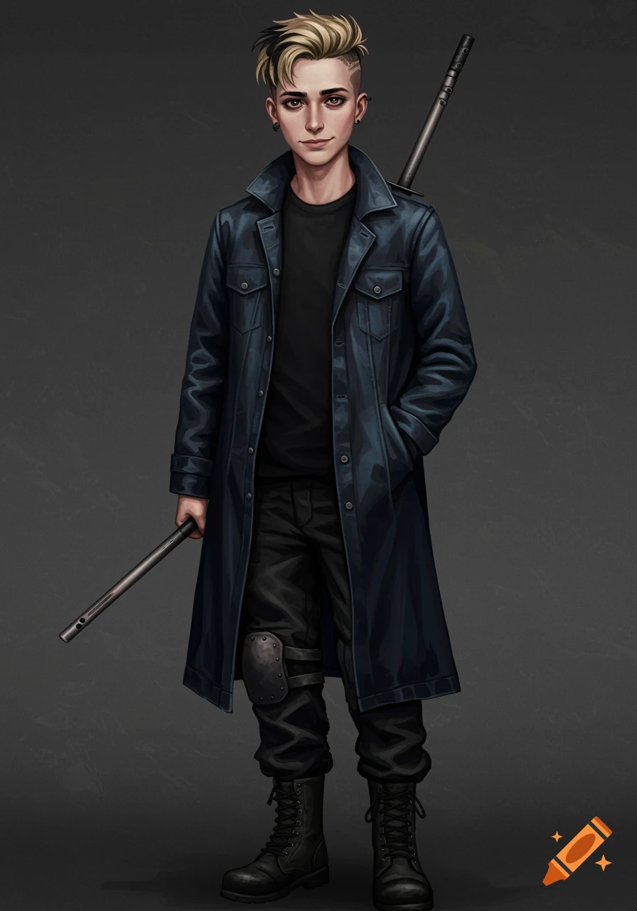 Illustration of a young person in a dark coat, combat boots, and knee pad holding a metal staff, with another staff on their back.