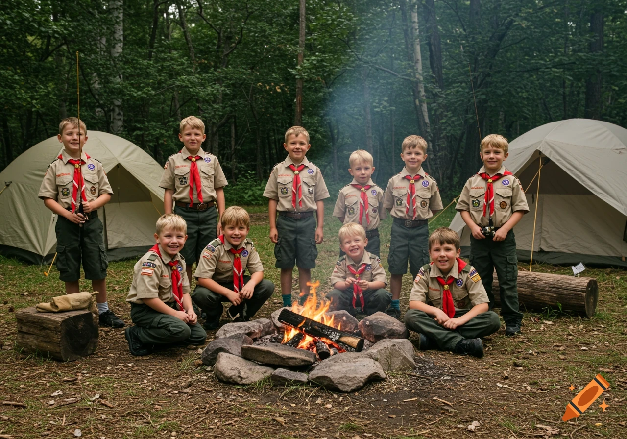 Group of Cub Scouts smiling around a campfire at a campsite with tents in the background.