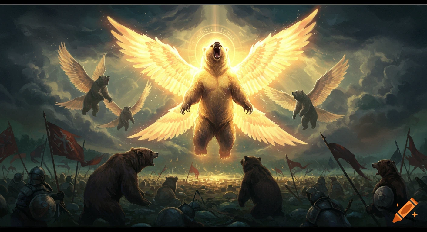 Epic fantasy illustration of a glowing winged bear leading an army of bears against knights on a battlefield.