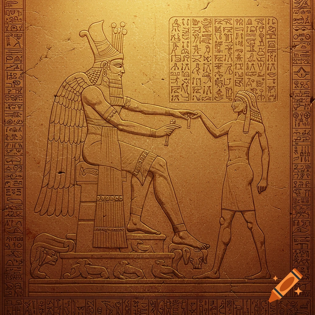 Ancient carving relief depicting a seated winged deity and standing human exchanging objects, surrounded by hieroglyphs.