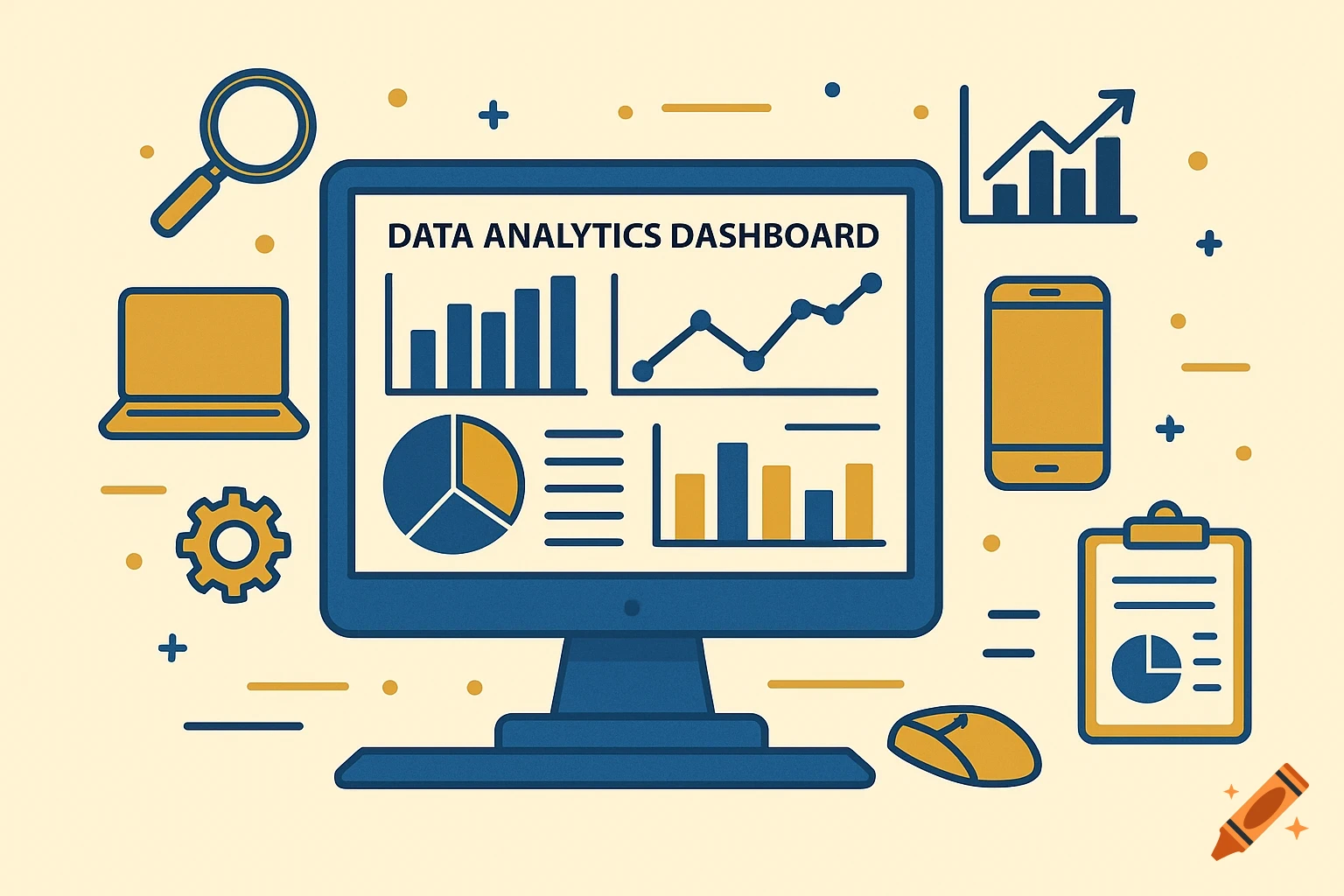 Stylized illustration of a data analytics dashboard on a monitor with business icons like laptop, phone, and charts.