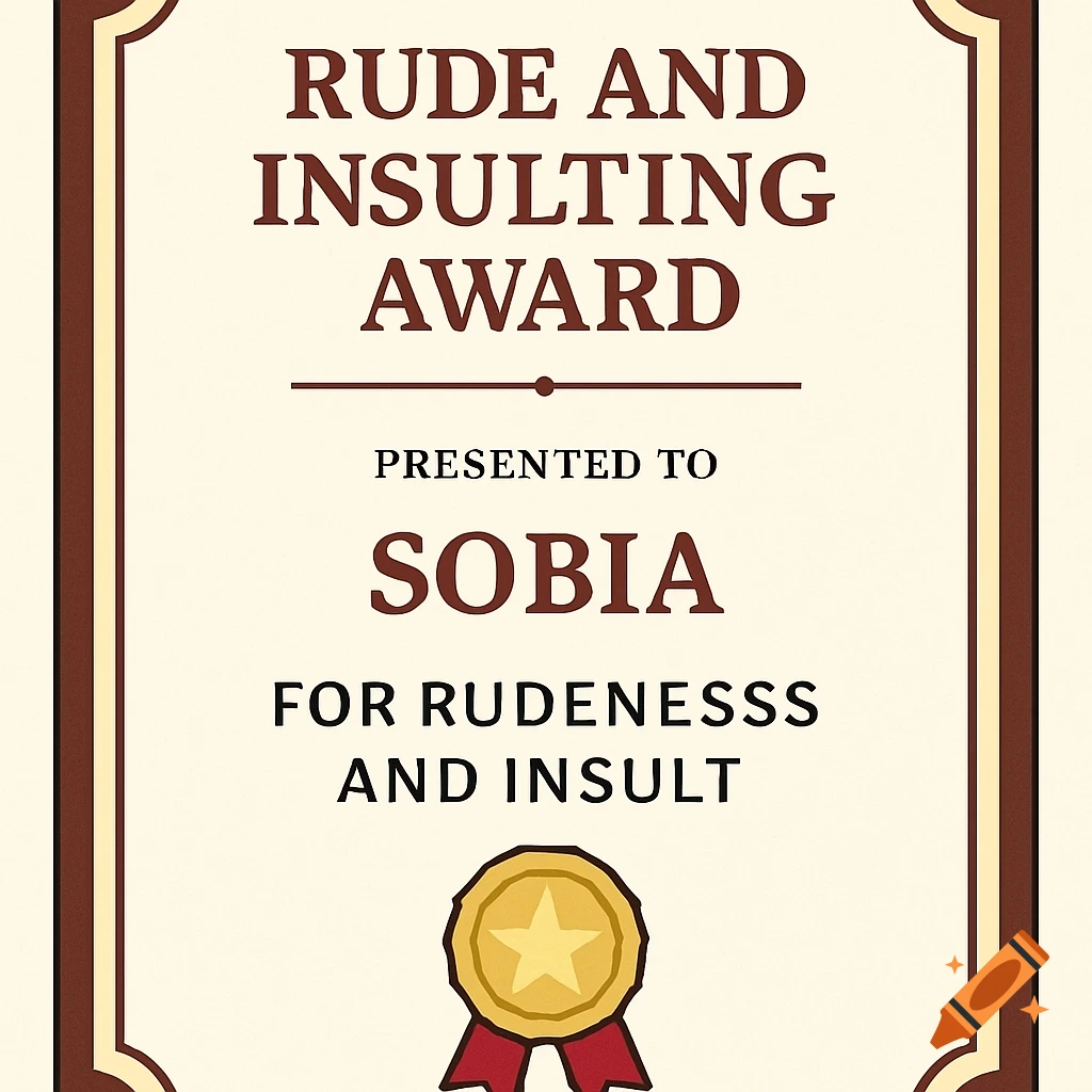 An award certificate for rudeness and insult presented to Sobia, with a gold medal icon.