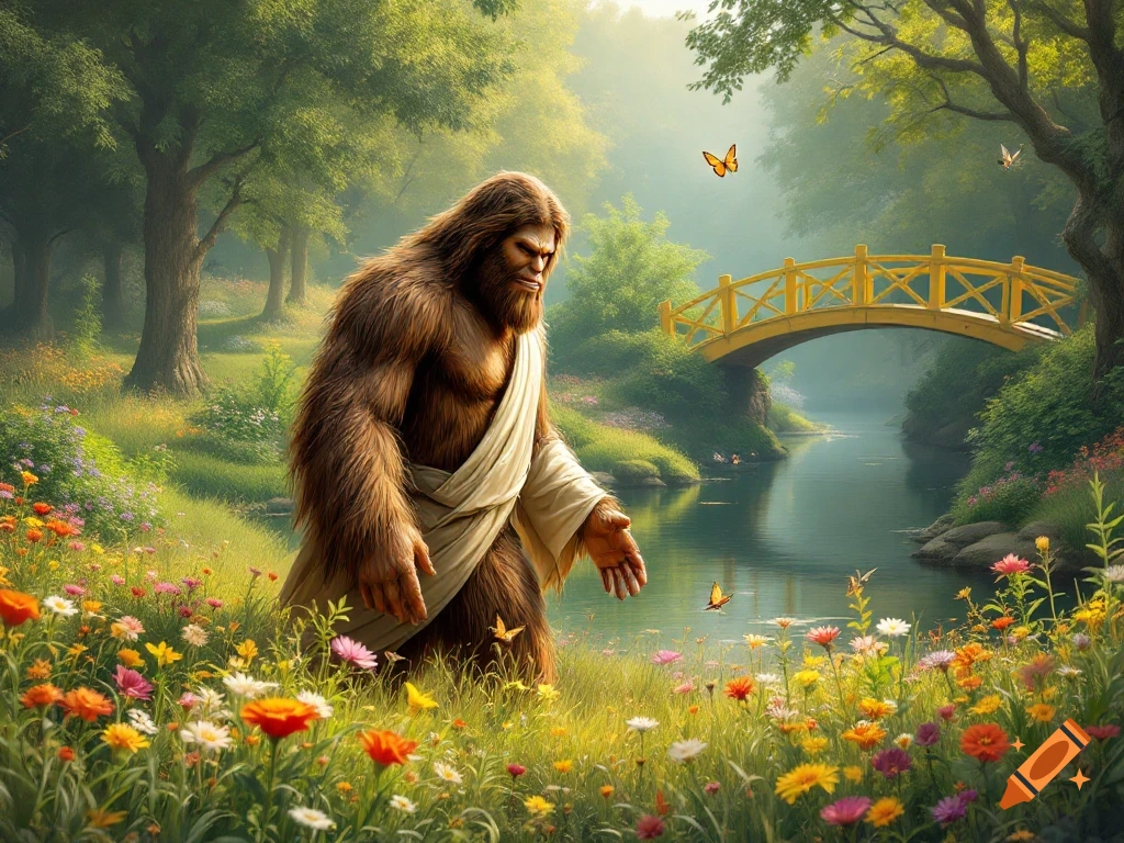 Bigfoot wearing a toga in a colorful flower garden by a river with a yellow bridge.