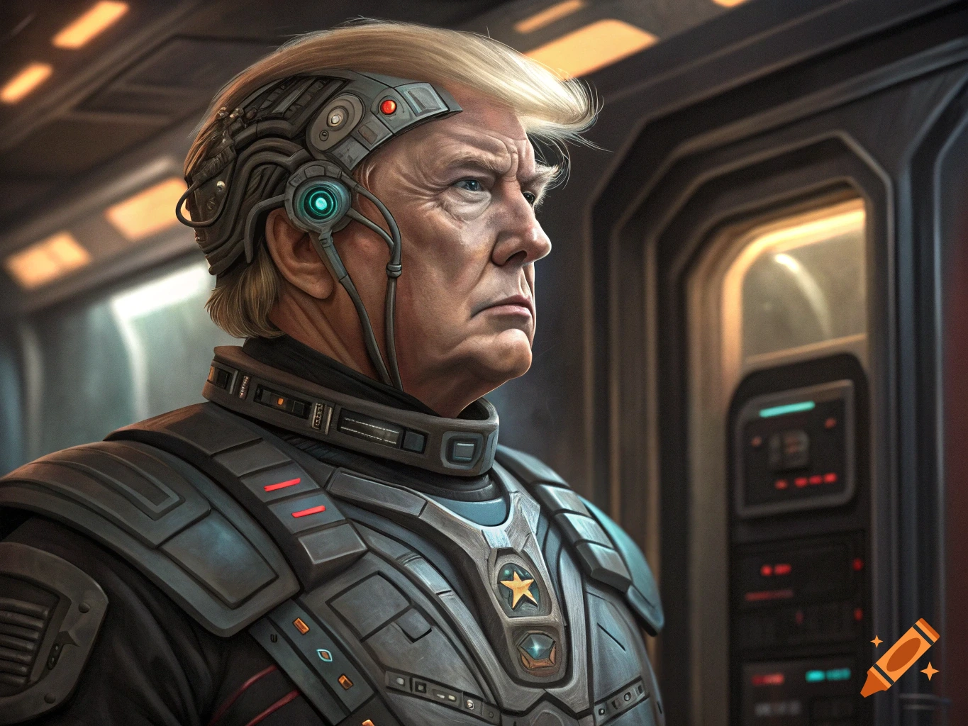 A portrait of Donald Trump depicted as a Borg from Star Trek, wearing futuristic armor and cybernetic implants in a sci-fi setting.