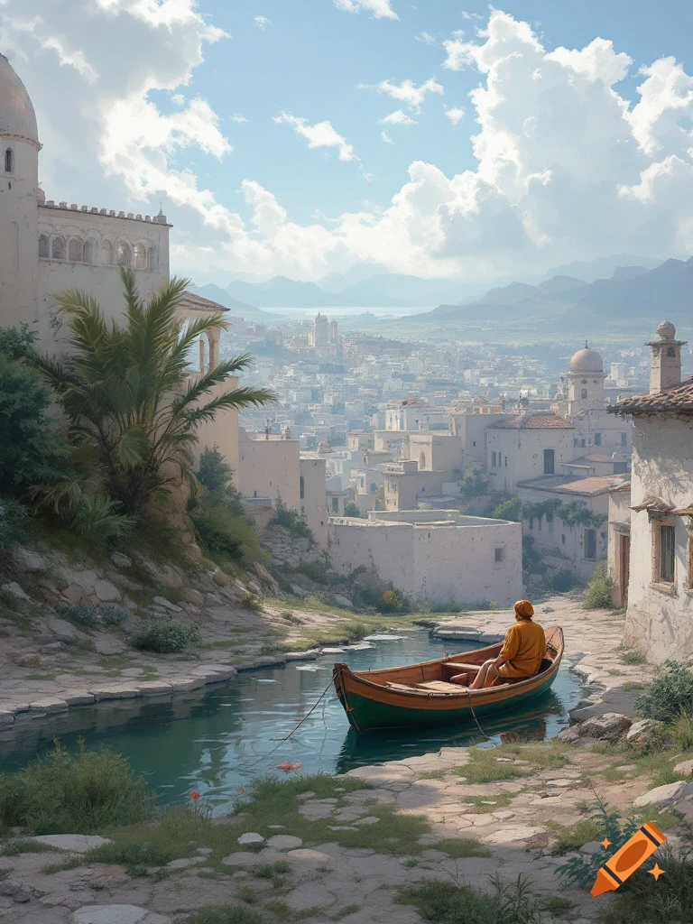 Person in a boat on a river by a white stucco town with mountains in the distance.