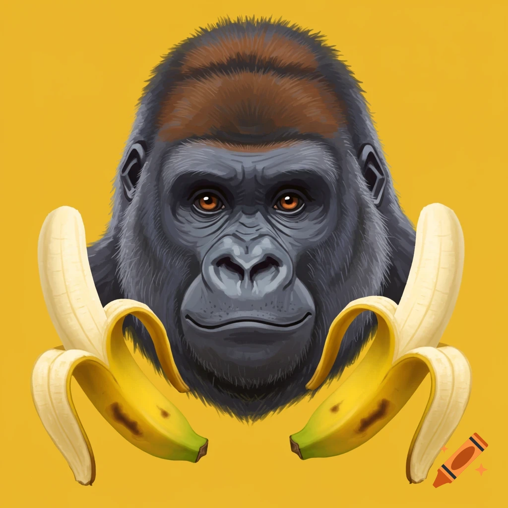 An illustration of a gorilla head with peeled bananas on either side, set against a yellow background.