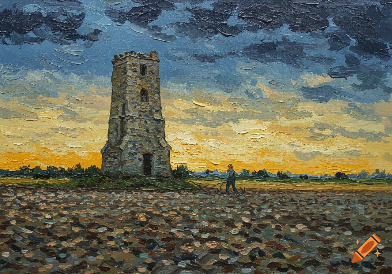 Painting in Van Gogh style of a stone tower next to a field with a person ploughing under a stormy sky.