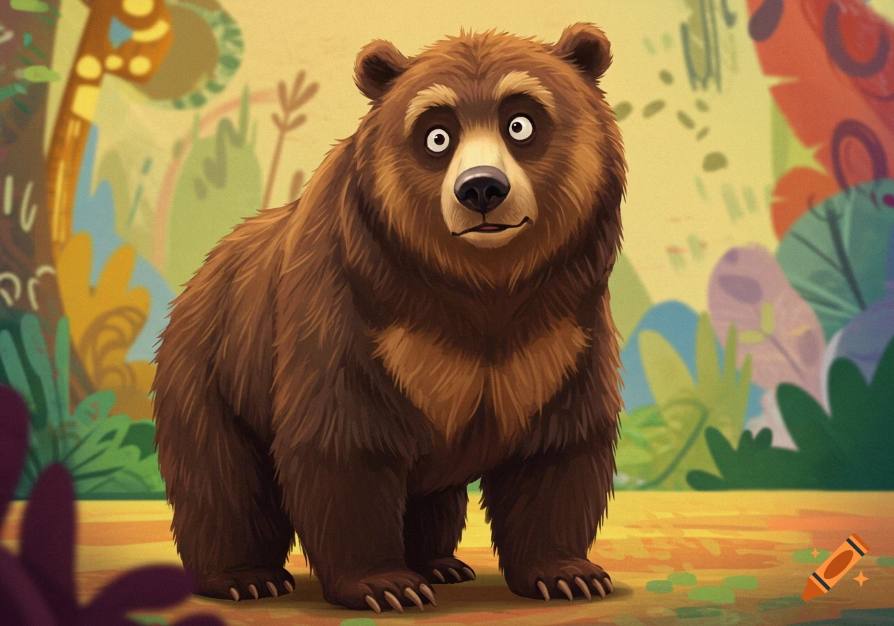 A cartoon bear stands in a colorful forest.
