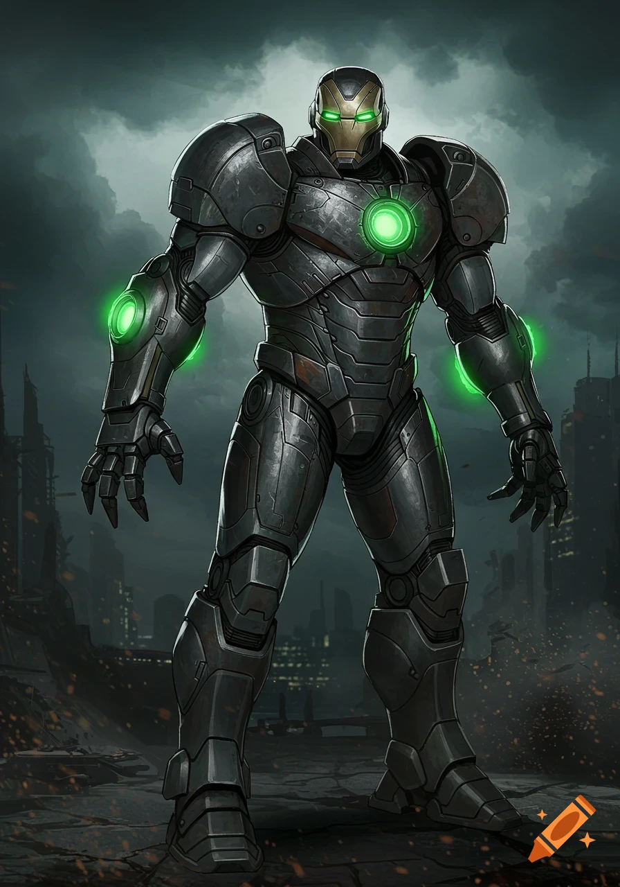 Dark metallic armored suit with green glowing elements stands in a ruined city
